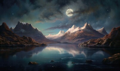  a painting of a mountain lake with a full moon in the sky.  generative ai