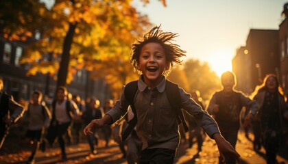 Photo of a schoolyard full of children and a little boy running around during recess. Generative AI