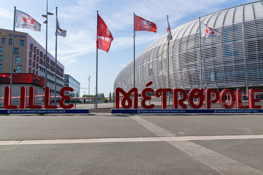 Villeneuve d'Ascq,FRANCE-May 28,2023:View of the inscription lille Metropole and stadium of the Losc Football Club: Decathlon Arena stade Pierre-Mauroy.Stadium in Villeneuve-d'Ascq near Lille.
