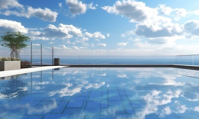  a large swimming pool with a view of the ocean in the background.  generative ai