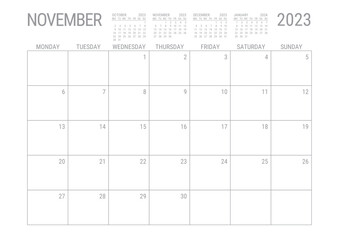 November Calendar 2023 Monthly Planner Printable A4 Monday Start - obrazy, fototapety, plakaty