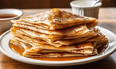  a stack of pancakes sitting on top of a white plate.  generative ai
