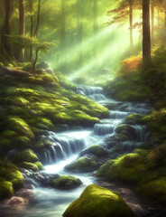 Fototapeta premium Morning forest landscape. AI generated illustration