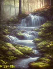 Morning forest landscape. AI generated illustration