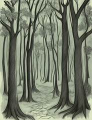 Morning forest landscape. AI generated illustration