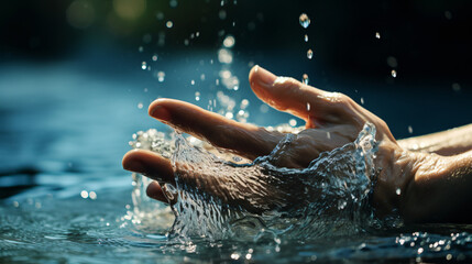 water pouring over a hand hyper realistic 