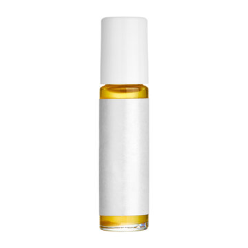 Transparent glass roll on vial filled with golden serum, essential oil or natural perfume. White, glossy lid on isolated background