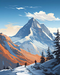 Vintage alpine winter mountains poster with editorial space.  retro advertisement poster in winter with copy space.