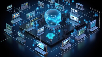Illustrate a scene depicting robust network security measures, such as firewalls, intrusion detection systems, and encrypted communications