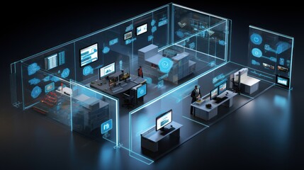 Illustrate a scene depicting robust network security measures, such as firewalls, intrusion detection systems, and encrypted communications
