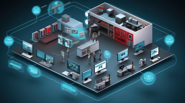 Illustrate a scene depicting robust network security measures, such as firewalls, intrusion detection systems, and encrypted communications