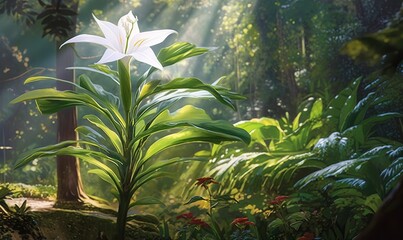  a painting of a white flower in the middle of a forest.  generative ai