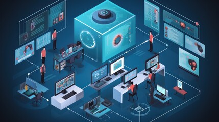 Illustrate a scene depicting robust network security measures, such as firewalls, intrusion detection systems, and encrypted communications