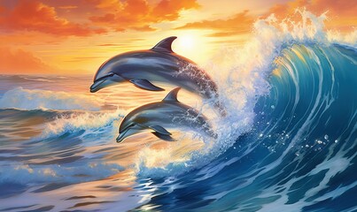  two dolphins are jumping out of the water at the same time.  generative ai