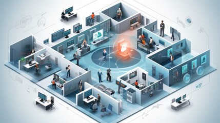 Illustrate a scene depicting robust network security measures, such as firewalls, intrusion detection systems, and encrypted communications