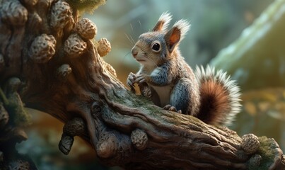 Fototapeta premium a squirrel sitting on a tree branch with a nut in its mouth. generative ai
