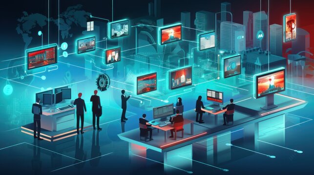 Illustrate a scene depicting robust network security measures, such as firewalls, intrusion detection systems, and encrypted communications