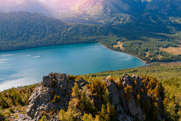 Aerial Landscape summer day Multe lake in mountains Altai, top view