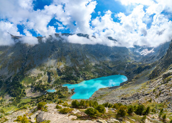 Fototapeta na wymiar Panorama Landscape turquoise lake in mountains Aerial top view