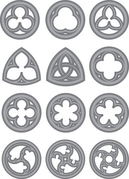 Gothic rose window stained glass illustration collection, circle shape on isolated background. Round frames set. Window pattern