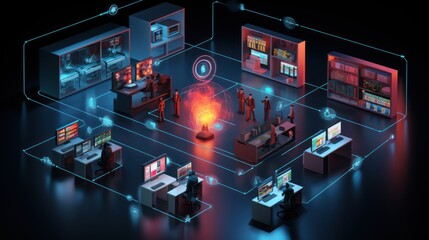 Illustrate a scene depicting robust network security measures, such as firewalls, intrusion detection systems, and encrypted communications