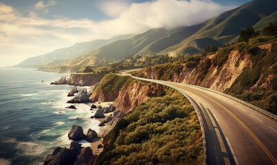  a scenic view of a highway near the ocean with a cliff in the background and a body of water in the foreground with a mountain range in the background.  generative ai
