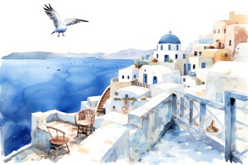 Greece, santorini watercolour artistic work. oil painting, water color, generative AI - obrazy, fototapety, plakaty