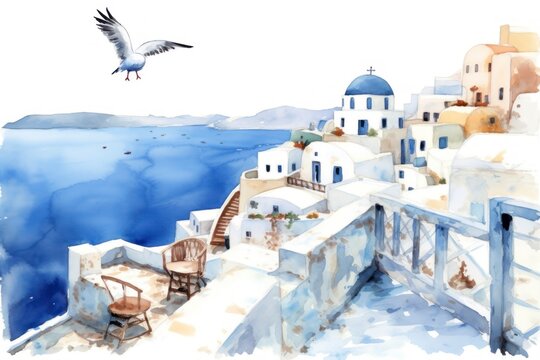 Greece, santorini watercolour artistic work. oil painting, water color, generative AI