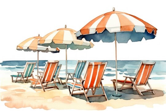 seaside, sunbed and holiday themed watercolour drawings. generative AI