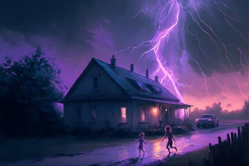 mother runs away from house holding a baby Purple lightning in the sky glowing puurple cracks on the ground 
