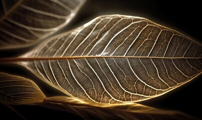  a close up of a leaf on a black background with light coming through the leaf's leaves and the back end of the leaf.  generative ai