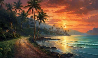  a painting of a tropical sunset with palm trees on the shore and a beach on the other side of the water with a house on the shore.  generative ai
