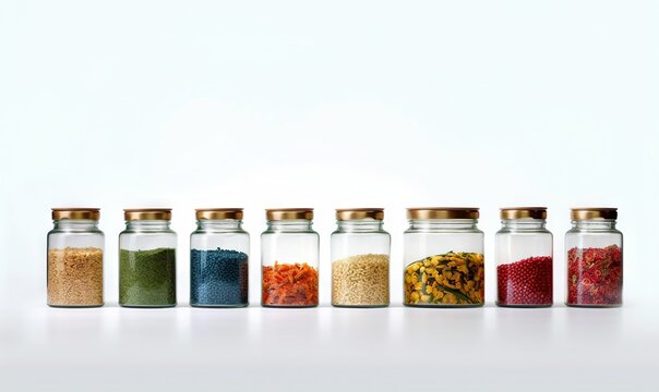  a row of glass jars filled with different types of spices and seasonings on a white surface with a white back dropper above them.  generative ai