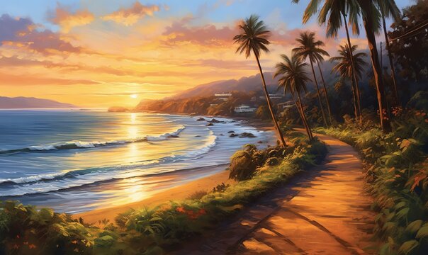  a painting of a beach with palm trees and the sun setting in the distance with a path leading to the beach with a surfboard in the foreground.  generative ai