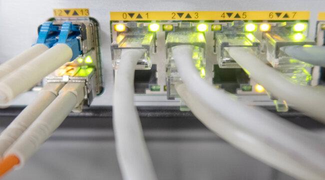 Ethernet switch with ports with connected optical and copper patch cords