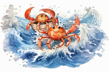 cute crabs travelling on the beach. oil painting, tshirt, sublimation printing. Watercolour Paint. Generative AI