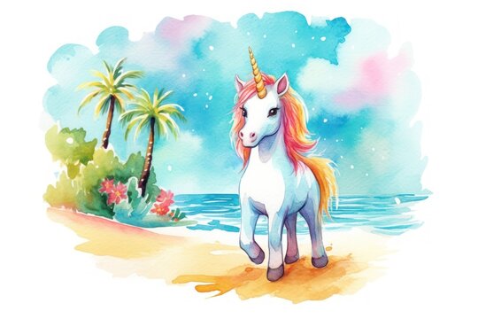 cute unicorn wandering on the beach. summer concept, sea, sand, sun, holiday. oil painting, tshirt, sublimation printing. Watercolour Paint. Generative AI
