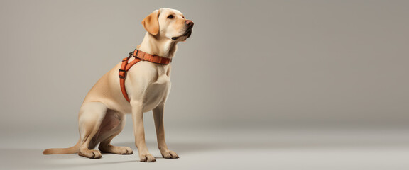 Light-colored Labrador guide dog. Adult purebred dog wearing harness standing sideways isolated on a flat beige background with copy space. Generative AI photo, banner template.
