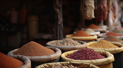 Containers with a set of oriental spices and spices at a traditional bazaar. Arabic market