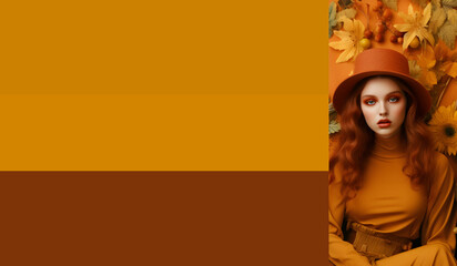 Design palette of autumn colors. Designer pack with photo and swatches in autumn colors. Harmonious warm autumn color combination: orange, brown, yellow.