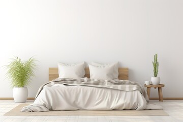 Minimalistic bedroom mockup, a bed in a white bedroom with white pillows and green plants