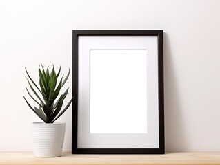 The blank black frame mockup with a plant on a light wooden shelf