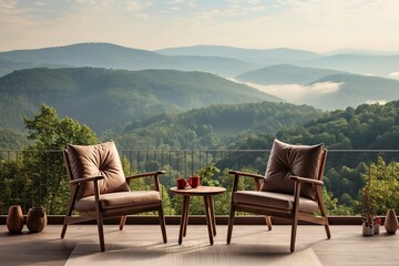 Fototapeta premium Two chairs on a terrace overlooking a green lake and mountains