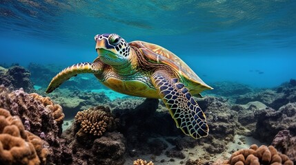 Fototapeta premium A turtle is swimming over corals and seaweeds
