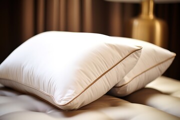 Two white pillows lay on a bed in a hotel room with blurry background