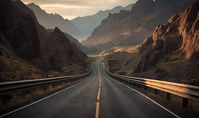  a long road in the middle of a mountain range with mountains in the background and a sky filled with clouds in the distance with a few clouds in the foreground.  generative ai