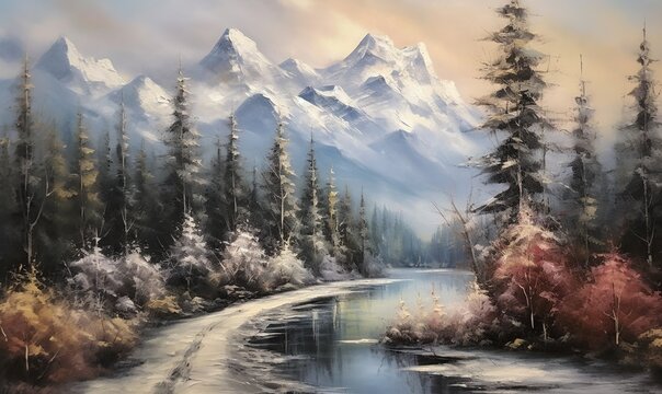  a painting of a mountain landscape with a river running through the middle of it and trees on both sides of the river and a mountain in the distance.  generative ai