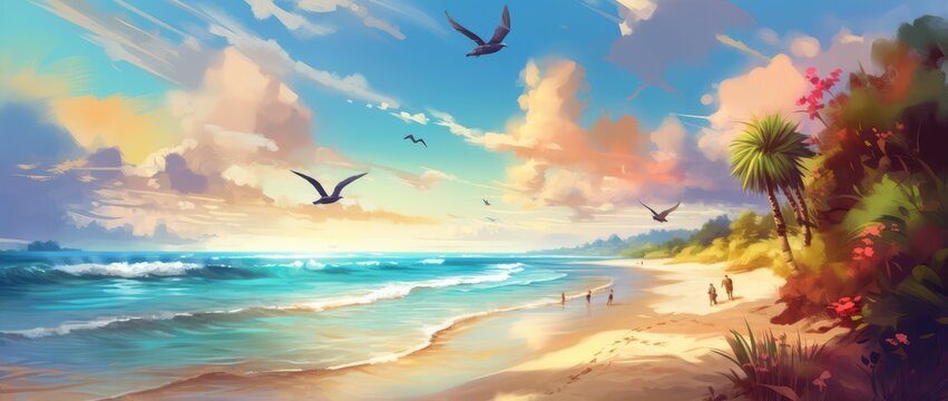 Bright colorful tropical illustration of the sand beach with palm trees, flowers, ocean. Summer vacation background for banner, poster, flauer. Ai generated