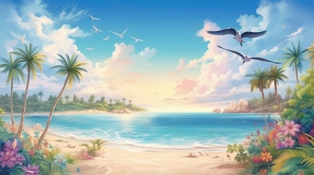 Bright colorful tropical illustration of the sand beach with palm trees, flowers, ocean. Summer vacation background for banner, poster, flauer. Ai generated