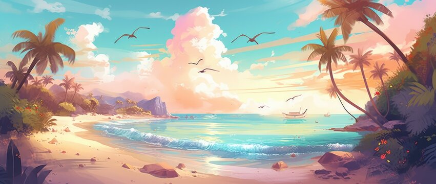 Bright colorful tropical illustration of the sand beach with palm trees, flowers, ocean. Summer vacation background for banner, poster, flauer. Ai generated